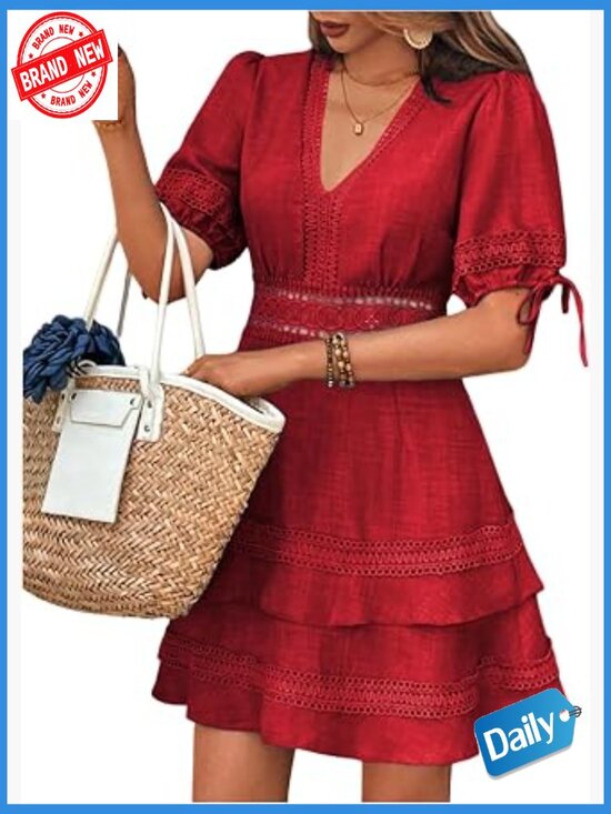 Dresses & Skirts - Women's Lace V-Neck Puff Short Sleeve A-Line Mini Dress